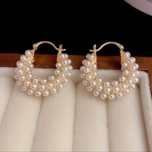 Elegant Faux Pearl Hoop Earrings, Casual French Style, Golden Huggie Closure